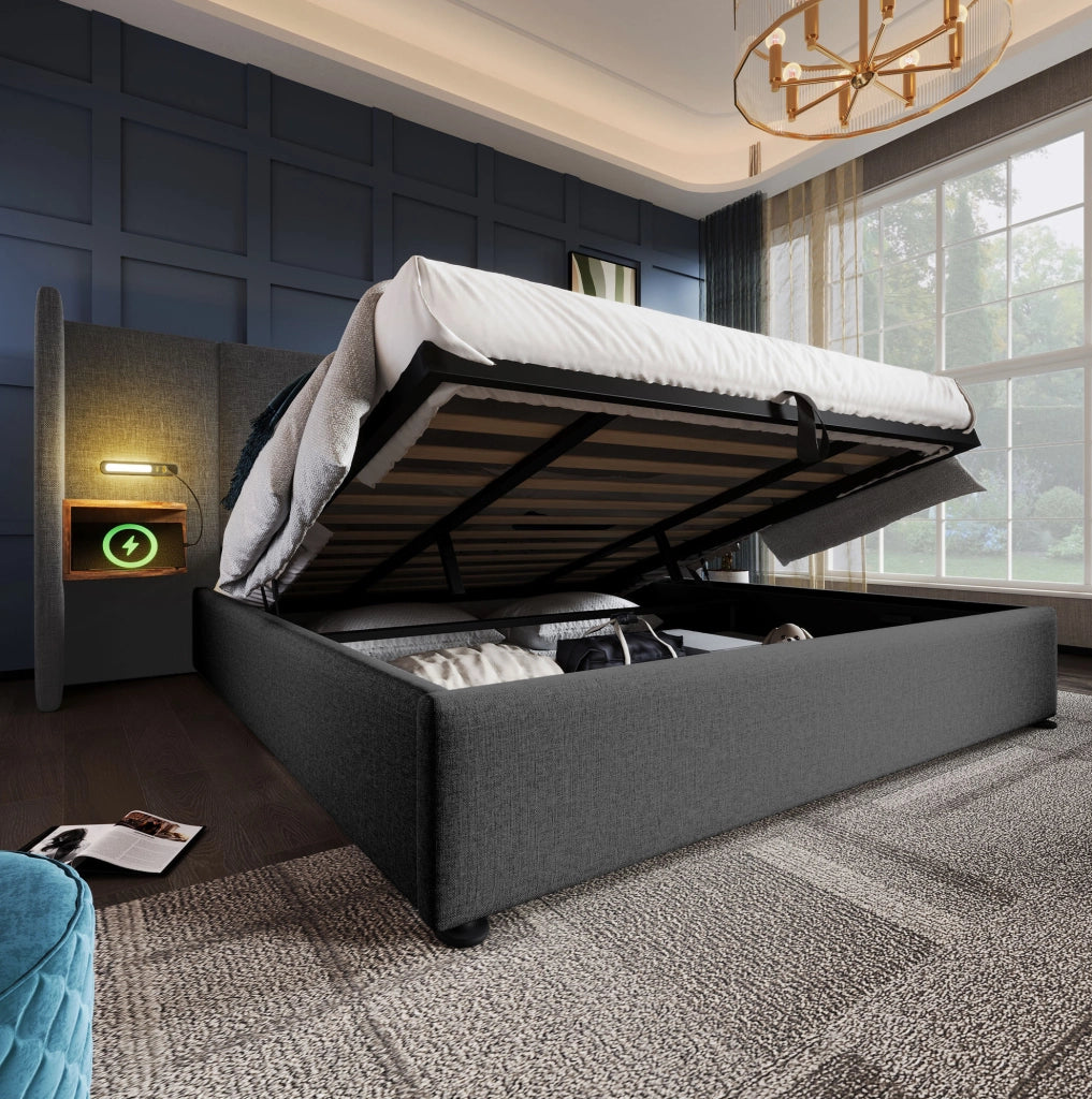Letto matrimoniale 180x200 cm con contenitore; testiera con lampada da lettura; USB e Type-C; grigio