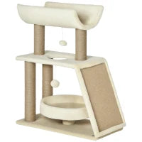 Albero Tiragraffi per Gatti con Lettino, Cuccia e Tappetino, in Legno, Peluche e Sisal, 60x30x76 cm, Marrone Chiaro