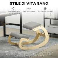 Sedia Ergonomica con Inginocchiatoio e Reclinabile, in Tessuto Effetto Lino e Legno, 55x85x55 cm, Grigio Chiaro