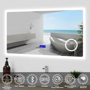 Aica Specchio da bagno bluetooth 120x70cm con antiappannamento + dimmerabile + 3 colori + ingrandimento 3X