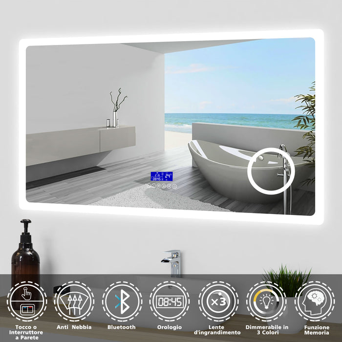 Aica Specchio da bagno bluetooth 120x70cm con antiappannamento + dimmerabile + 3 colori + ingrandimento 3X