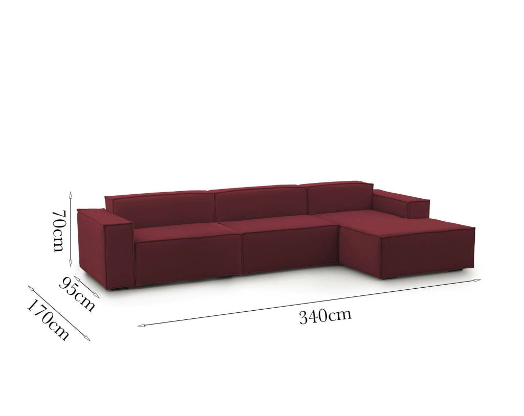 Divano fisso Asvaldo, Divano componibile a 4 posti con penisola destra, Made in Italy, SofÒ  moderno in tessuto, Cm 340x170h70, Rosso