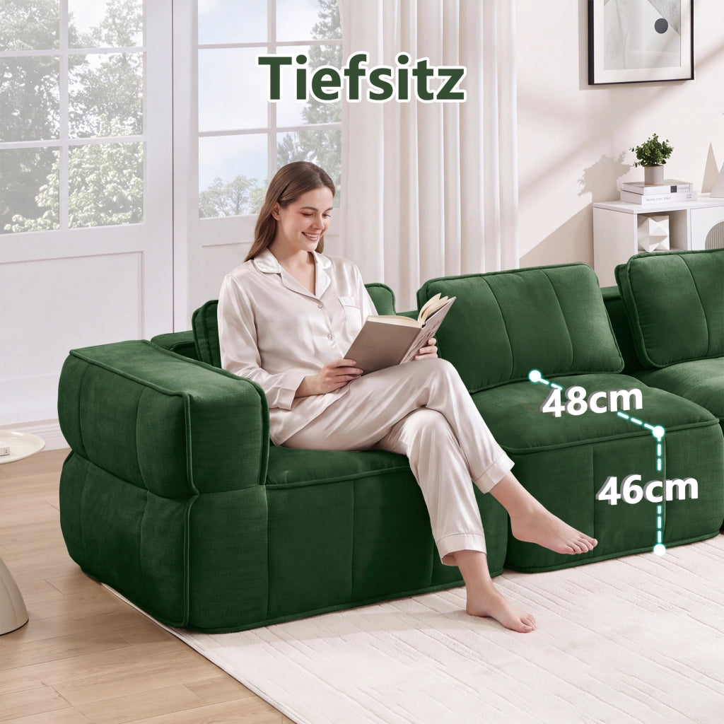 Divano modulare a 3 posti in poliestere con seduta profonda e base antiscivolo, verde 271 × 93 × 67 cm