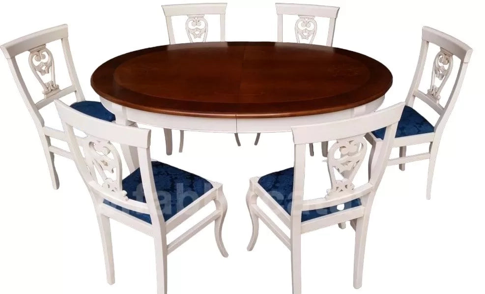 Tavolo ovale allungabile classico legno intarsio shabby bicolore 160x110x77 - Mobili 2G