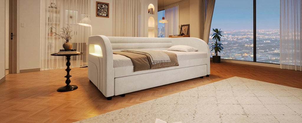 Letto piattaforma imbottito 90x200 cm con letto estraibile e illuminazione LED beige