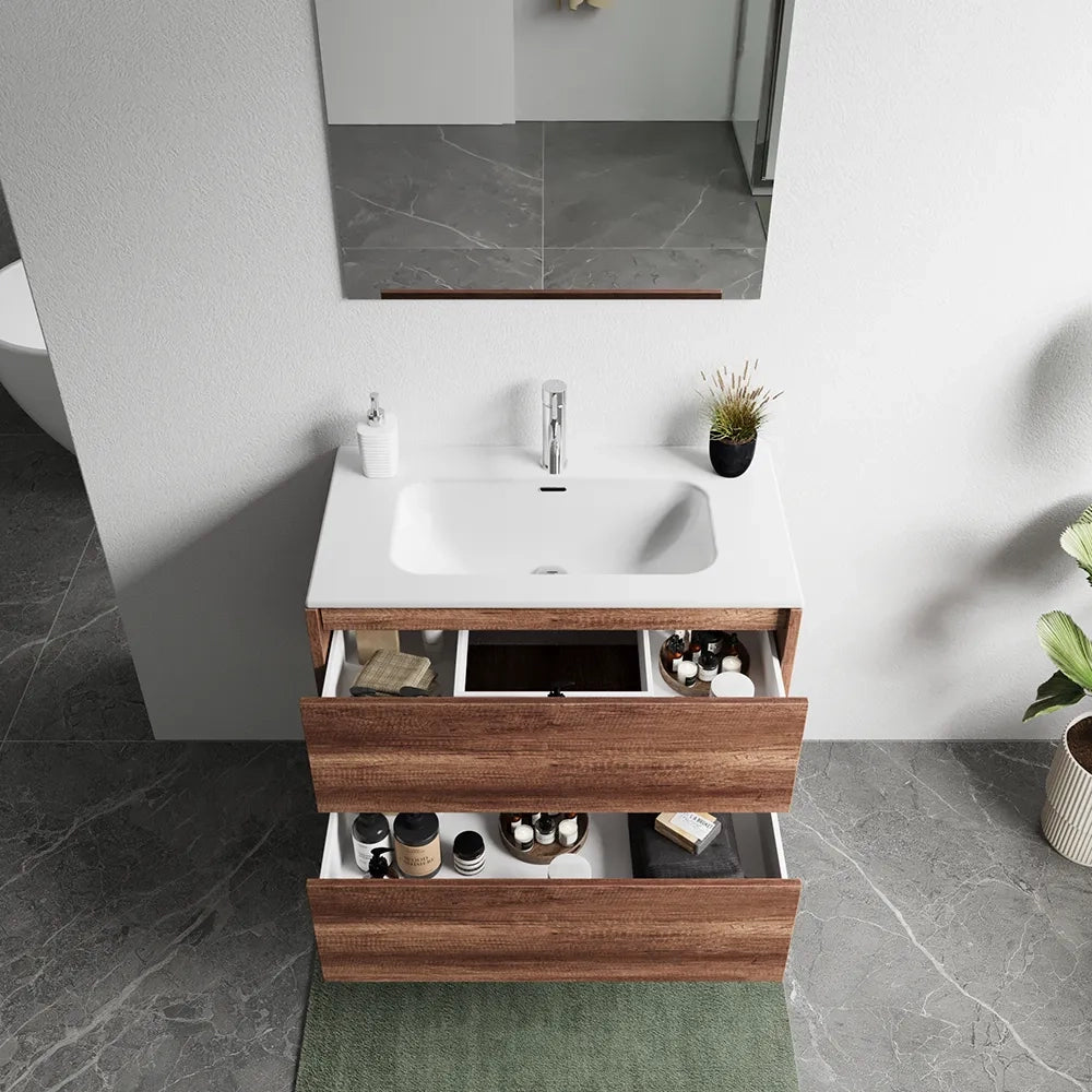 Mobile bagno sospeso 80cm due cassetti apertura push&pull rovere barok con lavabo | Galdor