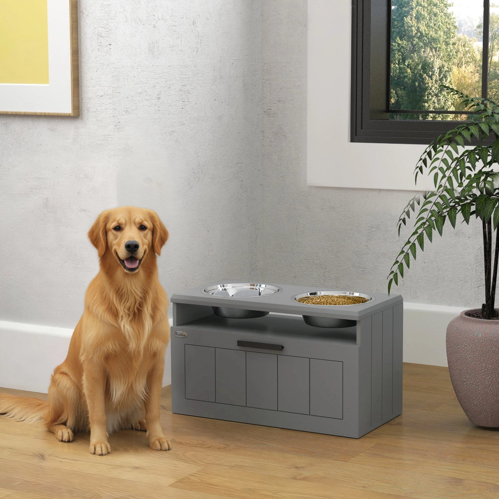 Stazione di alimentazione per cani grandi ¨C Xylo ¨C 2 ciotole acciaio inox, cassetto, grigio MDF