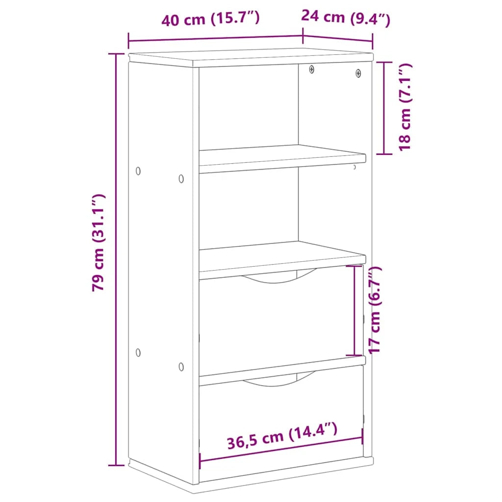 Mobiletto laterale vintage con 2 cassetti e 2 ripiani 40 x 24 x 79 cm in legno massello di pino 02_0058040