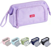 Etui con grande capacità, etui con apertura ampia e 3 compartimenti, etui con maniglia per adolescenti, etui estetico, etui portatile per scuola e ufficio, blu