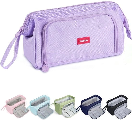 Etui con grande capacità, etui con apertura ampia e 3 compartimenti, etui con maniglia per adolescenti, etui estetico, etui portatile per scuola e ufficio, blu