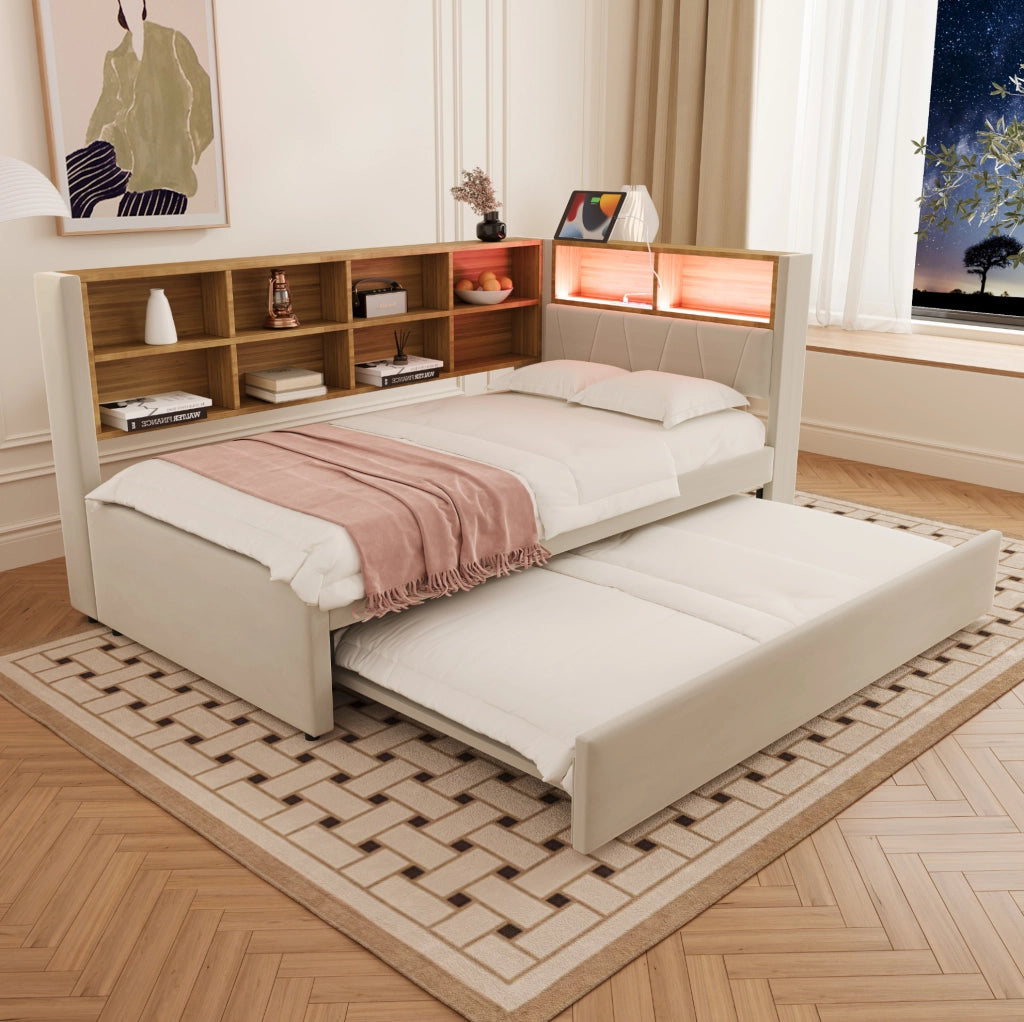 Divano letto multifunzione 90x200 cm con letto estraibile 90x190 cm; LED; beige