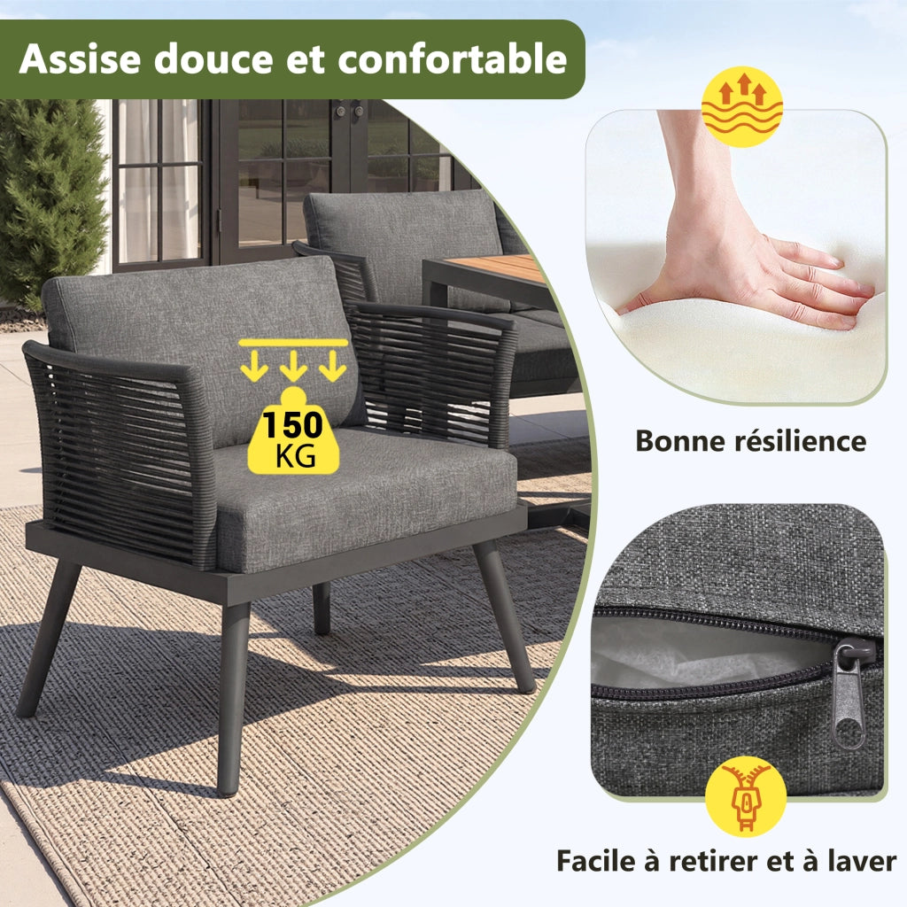 OKWISH Set da 5 Salotto da Giardino con 2 Divani, 2 Poltrone, Tavolino e Cuscini, per 7 Persone, Ferro Grigio