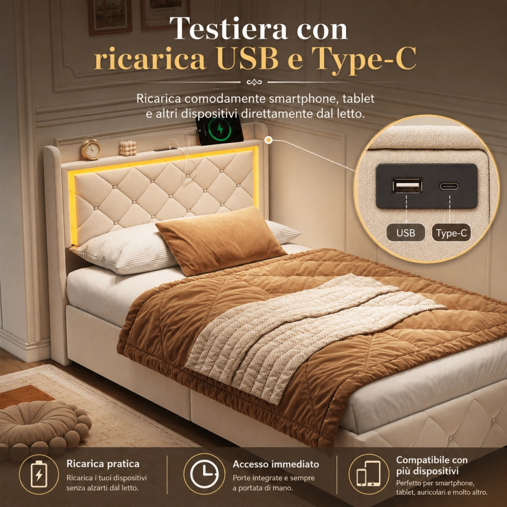 Letto singolo contenitore 90x200 cm in velluto beige, testiera trapuntata con luci RGB‑LED, controllo app e telecomando, sistema di sollevamento idraulico, senza materasso