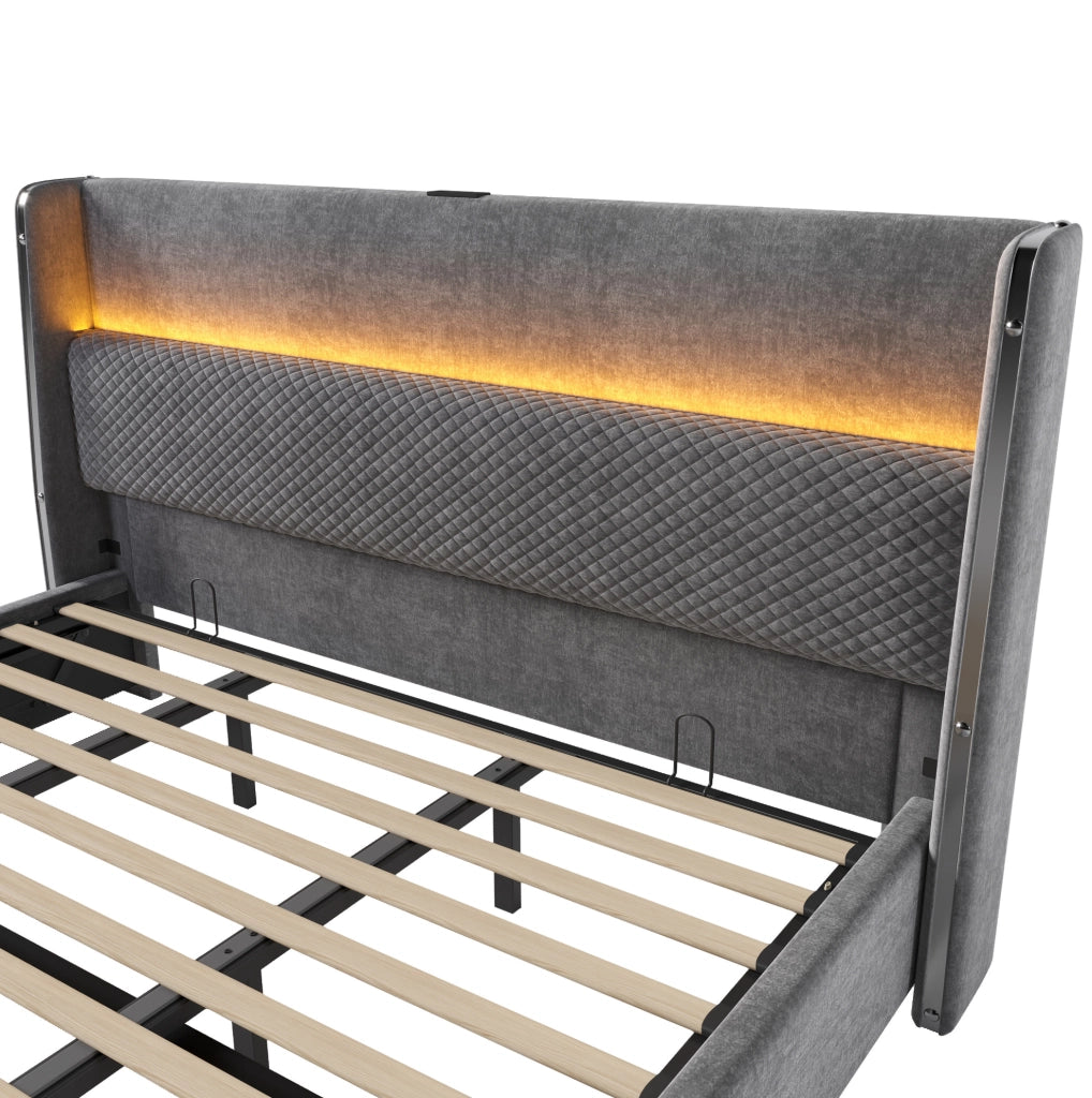 Letto matrimoniale idraulico con testiera alta, LED e USB Tipo C