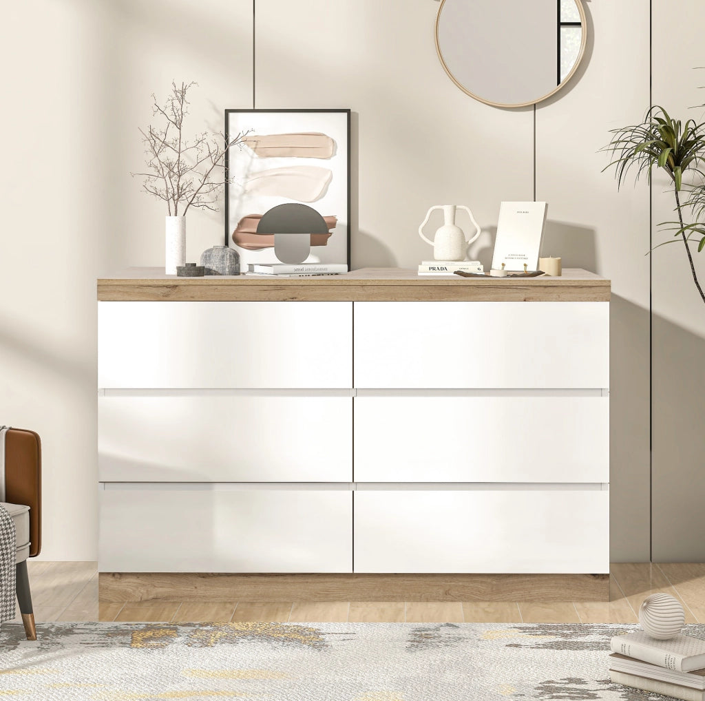 Cassettiera a 6 cassetti con ampio spazio contenitivo in truciolare E1 bianco e rovere