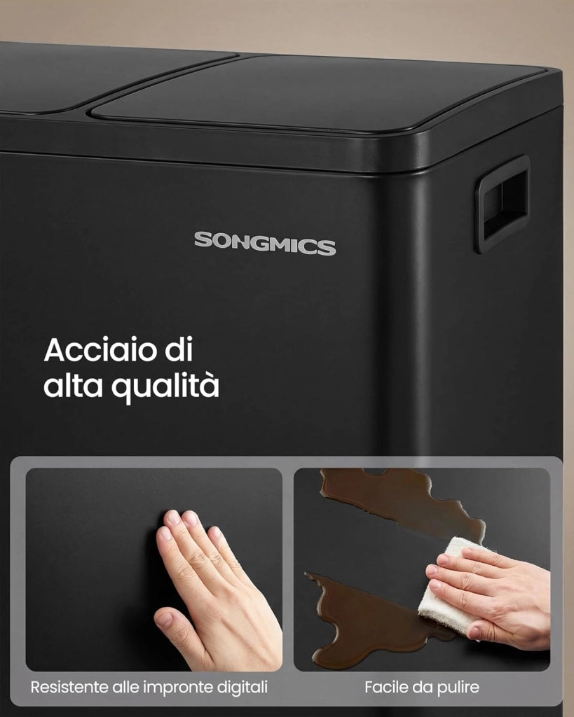 SONGMICS Pattumiera Cucina 3 x 15 L, Cestino per Raccolta Differenziata 3 Scomparti, 15 Sacchetti, Secchi Rimovibili, Coperchio, Maniglie, Chiusura Morbida, Acciaio, Nero Inchiostro LTB145BZ02