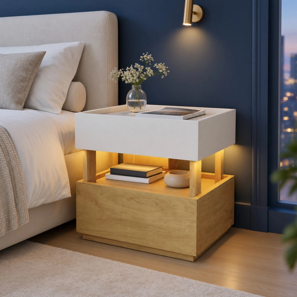 Comodino 50x40x50 cm bianco e naturale con LED, 2 cassetti