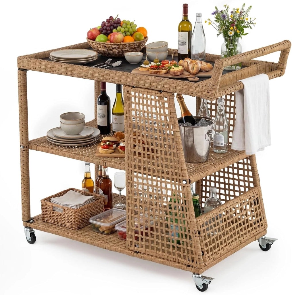 Carrello Bar da Esterno, Carrello Portavivande in Rattan con 4 Ruote, 3 Ripiani Aperto e Maniglia Laterale, Carrellino da Servizio per Cucina, Giardino e Bordo Piscina, 98 x 54 x 92 cm