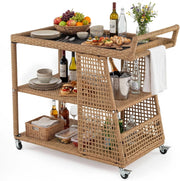 Carrello Bar da Esterno, Carrello Portavivande in Rattan con 4 Ruote, 3 Ripiani Aperto e Maniglia Laterale, Carrellino da Servizio per Cucina, Giardino e Bordo Piscina, 98 x 54 x 92 cm