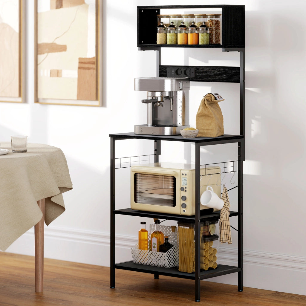Scaffale da Cucina 60x42x153 cm con Multipresa per Microonde con Ripiani e Ganci Stile Industriale Legno e Acciaio Nero