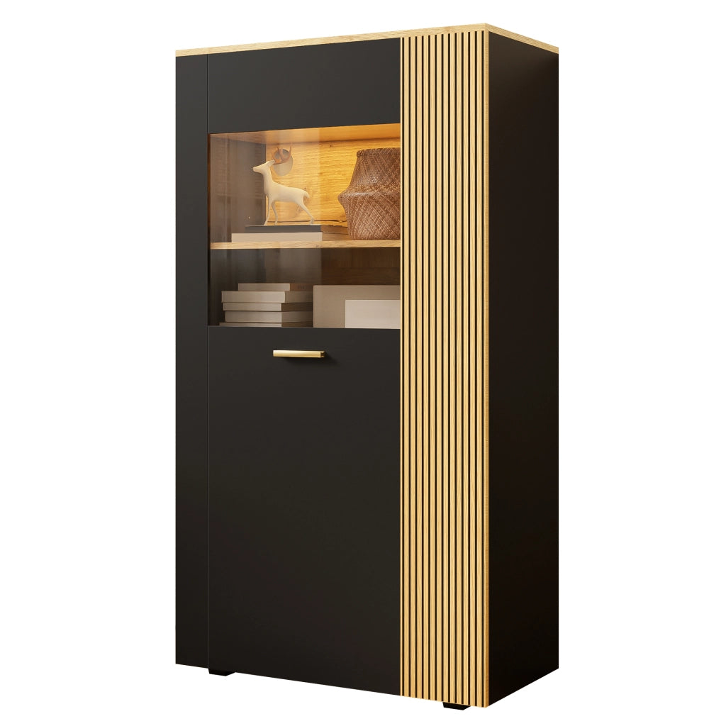 OKWISH Mobile contenitore con 1 anta in vetro, 3 ripiani fissi e 2 regolabili, LED e passacavi, 80 x 40 x 146 cm