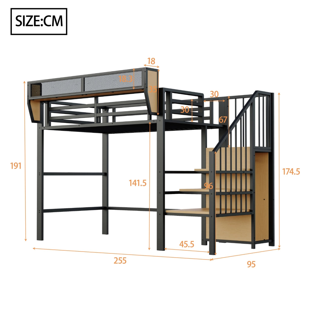 DESMIU Letto a soppalco singolo con scala di sicurezza e ripiano regolabile 90 × 200 cm, senza materasso, nero