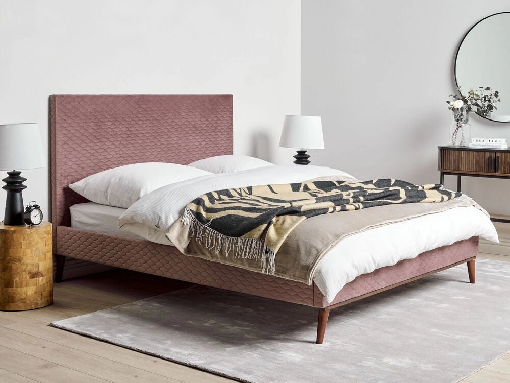 Letto imbottito in velluto rosa 140 x 200 con struttura imbottita a nido d'ape trapuntato stile classico