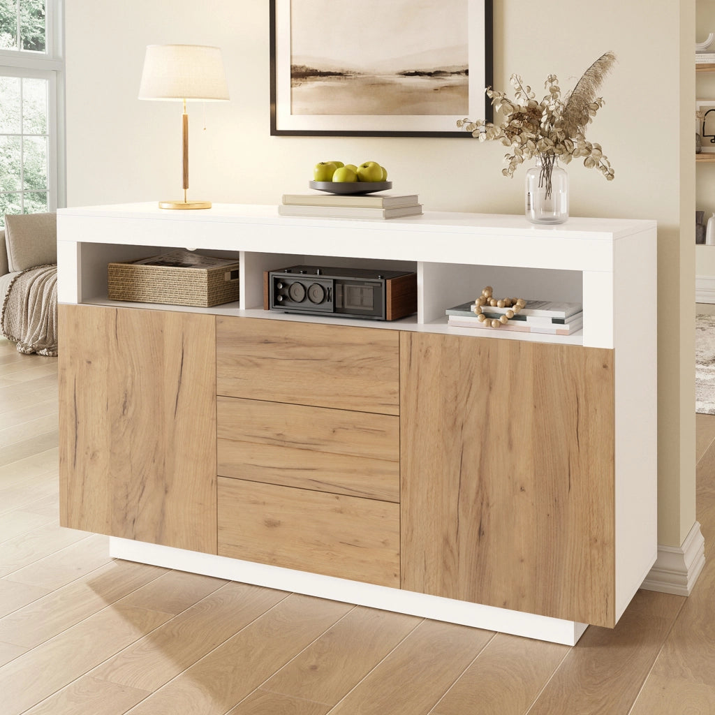 Credenza moderna con 3 cassetti, 2 ante e 3 ripiani aperti, colore bianco e naturale, 140 ¡Á 40 ¡Á 85 cm