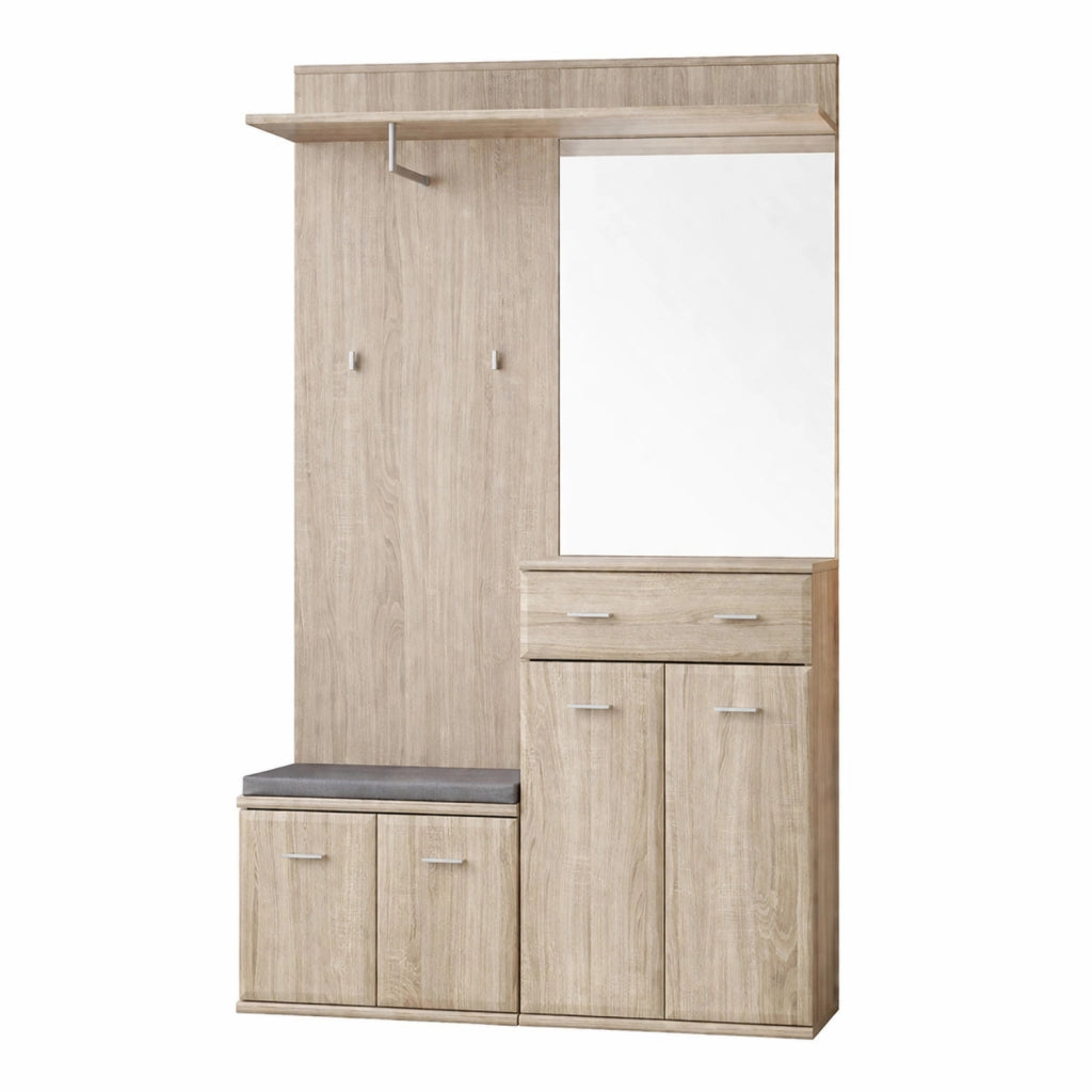 Set Ingresso Con Panca Portascarpe Appendiabiti Mobile Entrata Specchio Mobiletto Contenitore Multifunzione Salvaspazio Corridoio Casa Design Moderno 120 x 32 x 203 Cm Rovere