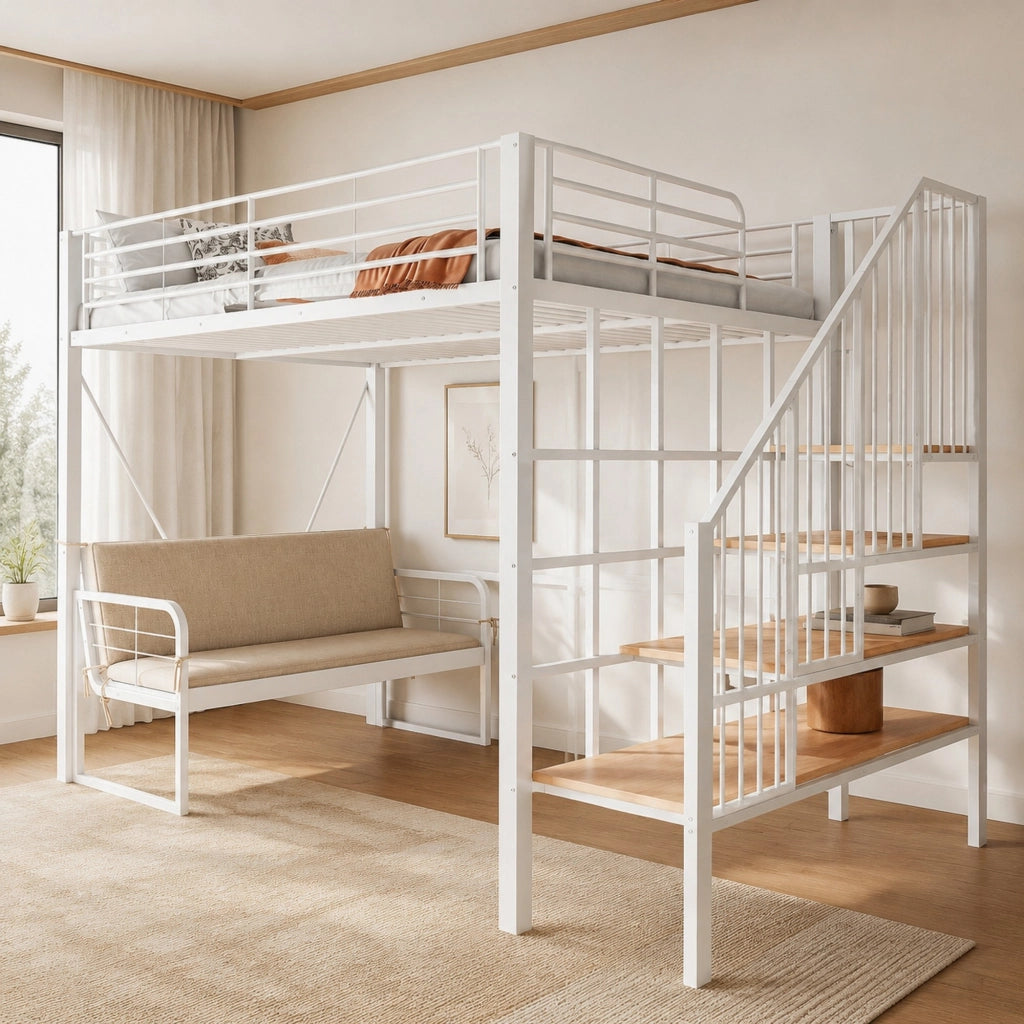 Letto a castello 140x200 cm con divano imbottito e scala contenitore