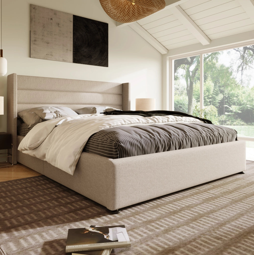 Letto imbottito contenitore idraulico 140x200 cm beige con materasso