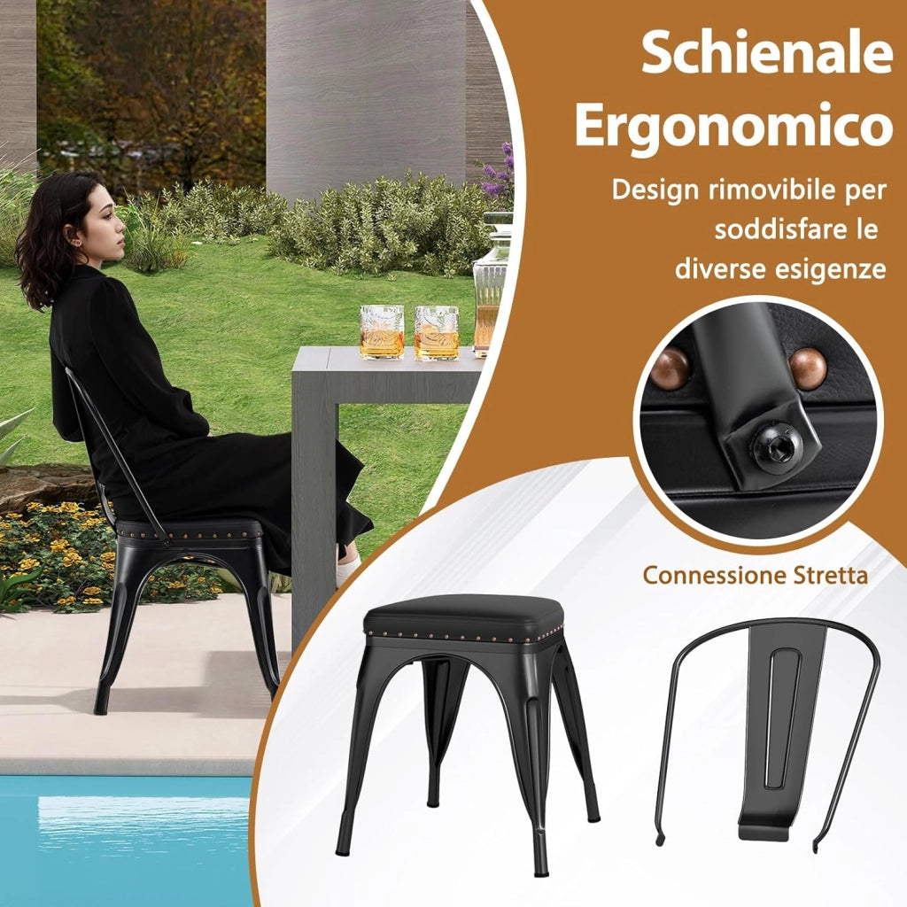 4 Sgabelli Cucina 53 x 44 x 84 cm, Sedie Impilabili con Schienali Rimovibili e Sedile Imbottito in Finta Pelle, Sgabelli in Metallo per Ristorante, Bistro e Bar (Nero)