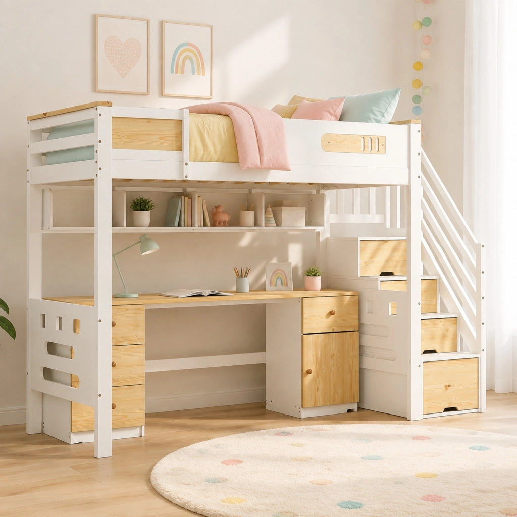 Letto a Soppalco 90x200 cm - Scrivania; Cassetti e Scala Contenitore - Bianco