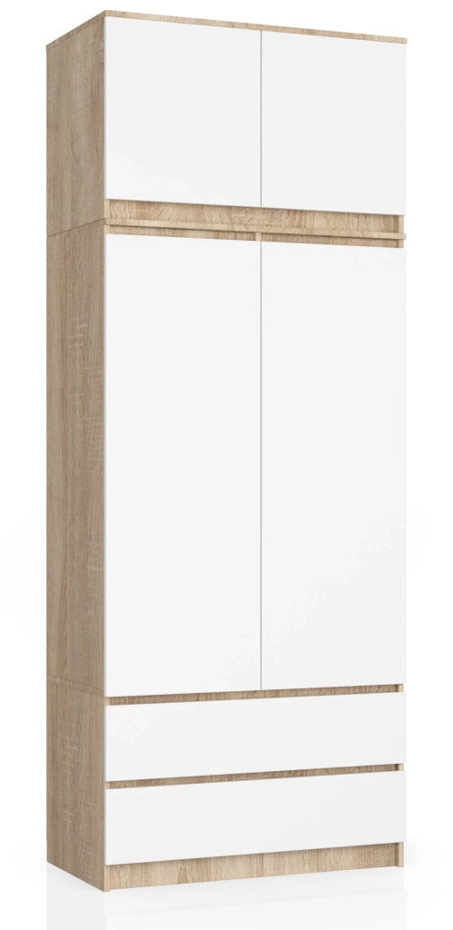 Armadio AKORD S90 con sopralzo Sonoma Quercia 90 cm 2 ante 2 cassetti inserto frontale Bianco 90x51x234 cm