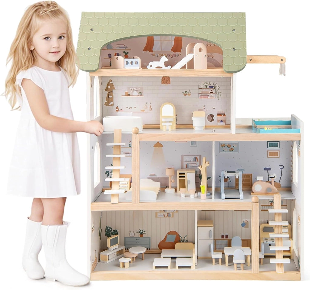 Casa delle Bambole in Legno, Casa Bambole con 4 Piani, 6 Stanze, Terrazza, Piscina e Scale, Casetta Giocattolo Educativo con 33 Mobili Accessori, per Bambini 3+ Anni, 63 x 25 x 78 cm (Verde)