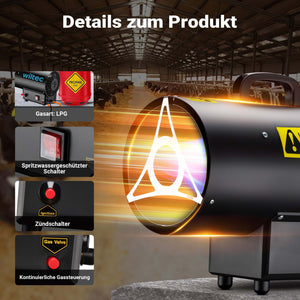 Generatore di calore a gas GPL, 15 kW 30 W 320m³/ora, cannone aria calda con avviamento piezoelettrico, incluso riduttore di pressione del gas per Regno Unito 700 mbar con tubo da 1,5 m