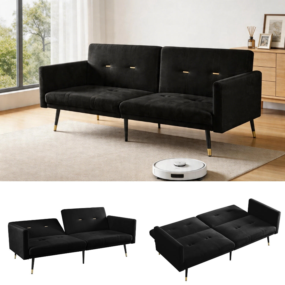 Divano letto 2 posti convertibile con schienali regolabili indipendenti in 5 posizioni velluto nero 164 × 89 × 70 cm
