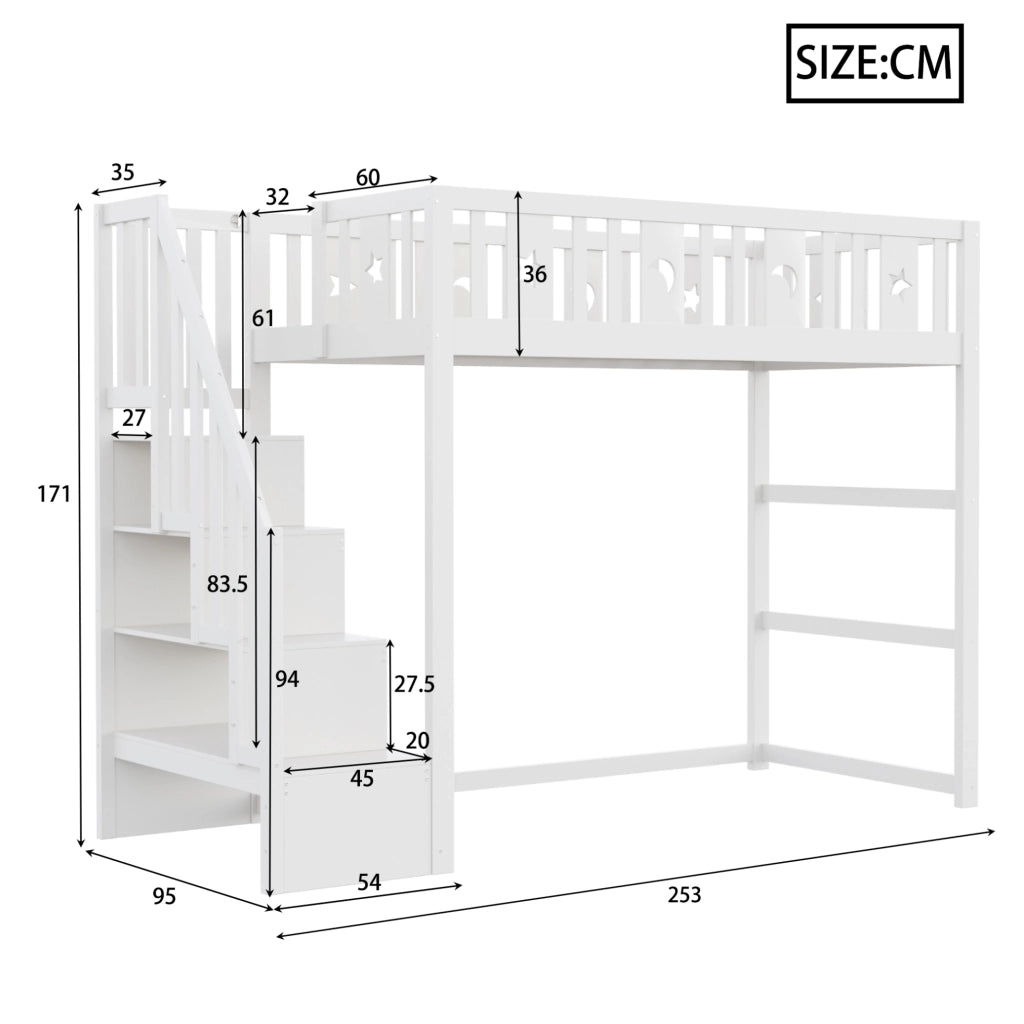 Letto a soppalco per bambini 90x200 cm con scala; ripiani e area relax; bianco
