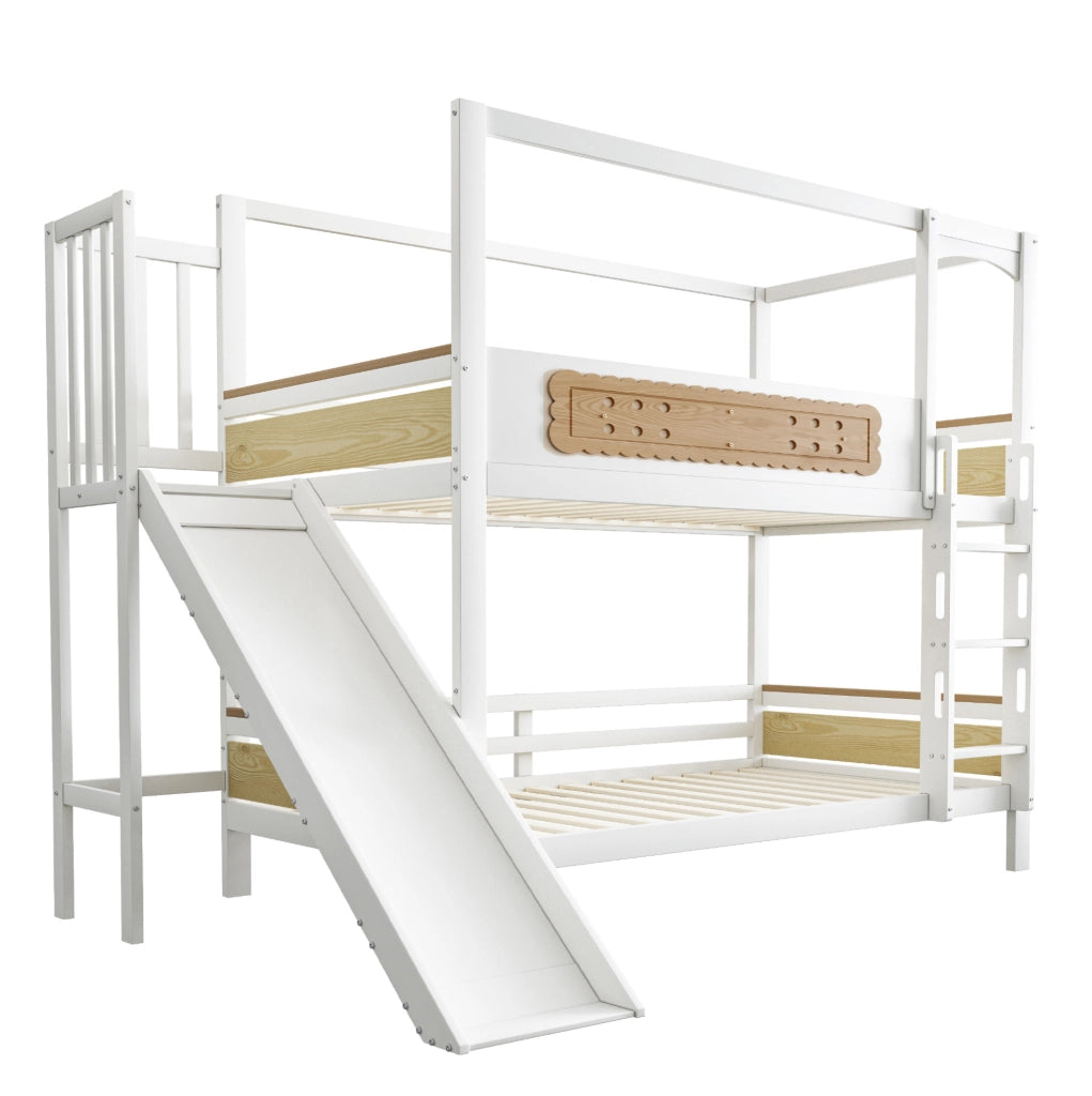 Letto a castello per bambini 90x200 cm con scivolo; scala larga e sponde; legno naturale e bianco