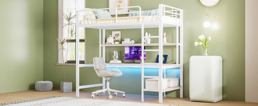 DESMIU Letto a Soppalco Singolo con Scrivania, Scaffali, USB, Presa e LED Regolabile 90 × 200 cm, Senza Materasso