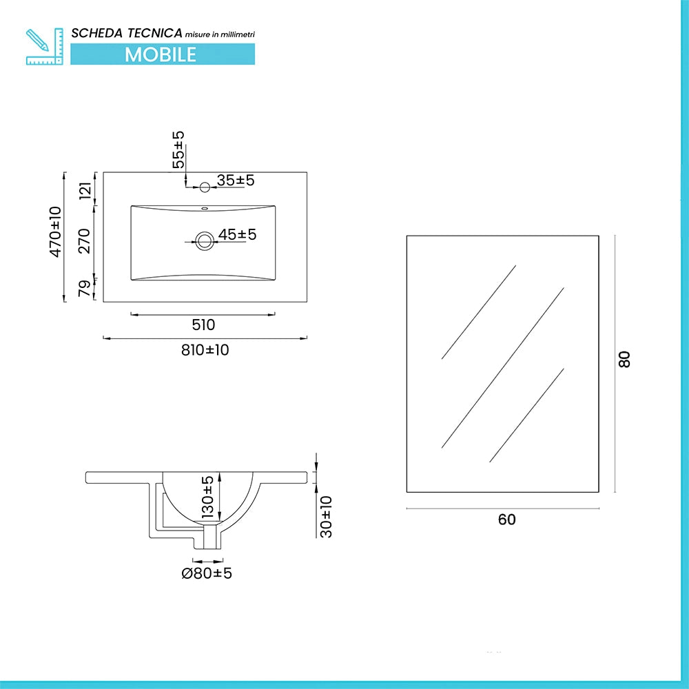 Mobile bagno sospeso 80cm azzurro polvere con cassetti lavabo e specchio Elva