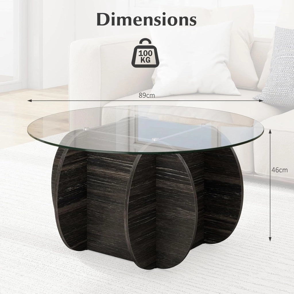 GIANETX Tavolino rotondo da caffè con piano in vetro temperato, telaio in legno incrociato, vano nascosto, mobile moderno per soggiorno, ufficio, 89 x 89 x 46 cm