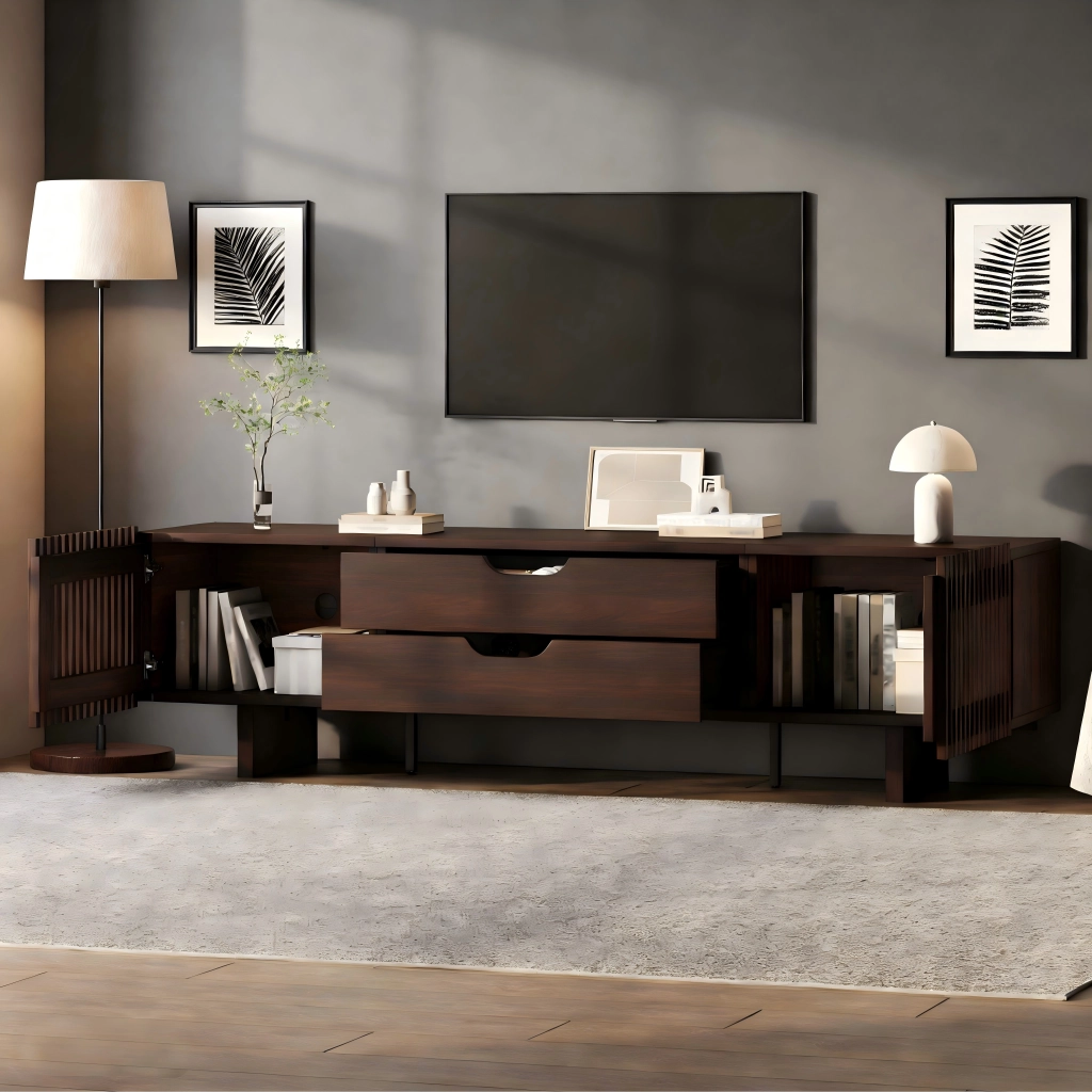 Mobile TV con 2 cassetti e 2 ante a lamelle - 180x40x45 cm - in MDF - noce scuro