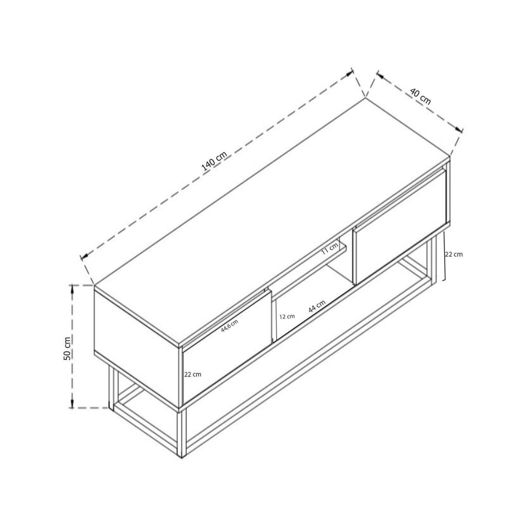 Mobile porta TV Kira, Credenza da soggiorno, Armadio basso per TV, Base parete attrezzata, 140x40h50 cm, Nero e Quercia