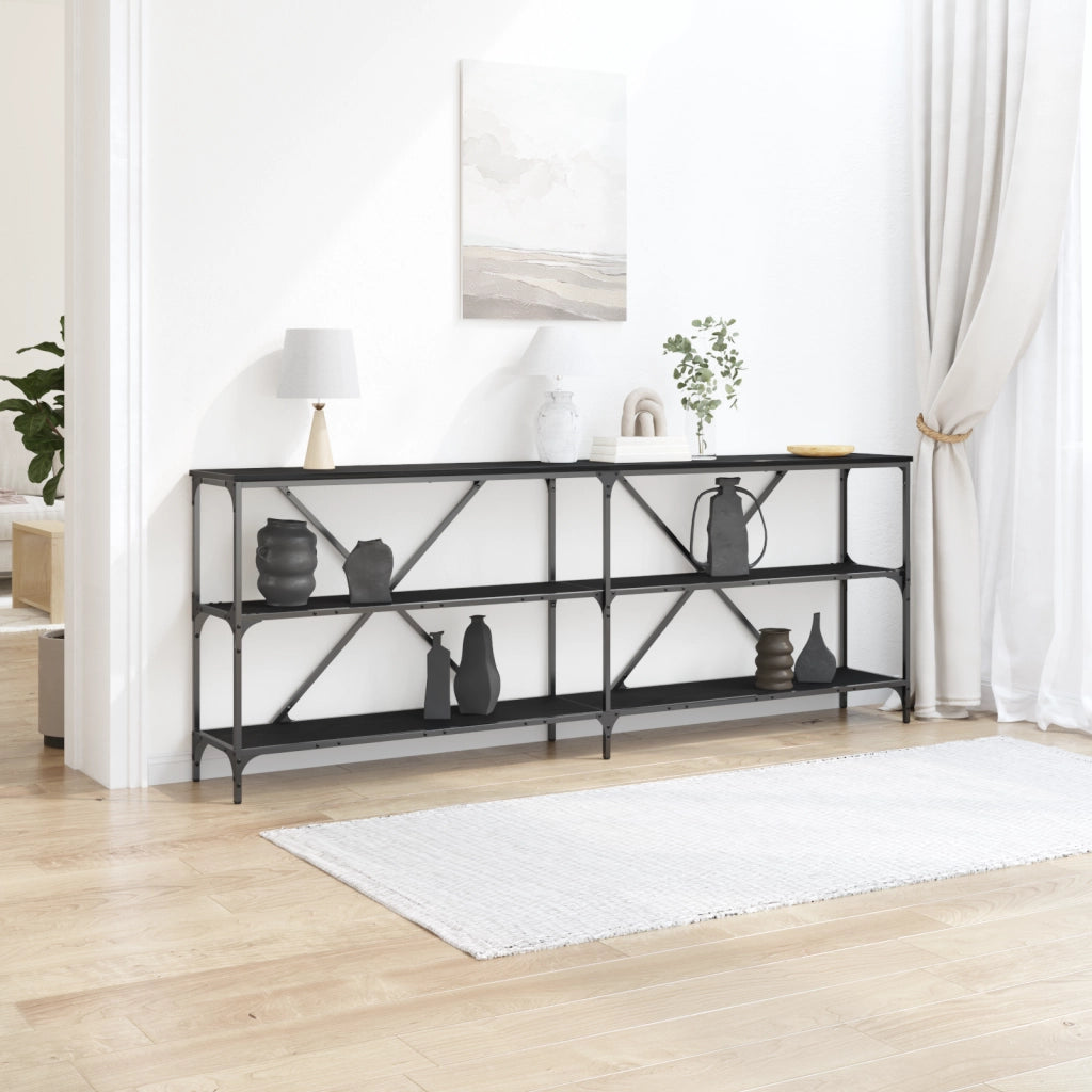 Tavolino Consolle Nero Quercia 200x30x75 cm Legno Ingranato e Acciaio