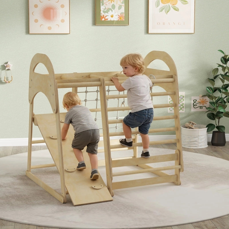 Giochi da arrampicata indoor 6 in 1 in legno naturale con scivolo, rete e barre, 3-6 anni