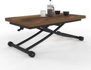 Tavolino 2 in 1 URBANA, trasformabile in tavolo da pranzo rettangolare, 100 cm, legno scuro e nero, design industriale