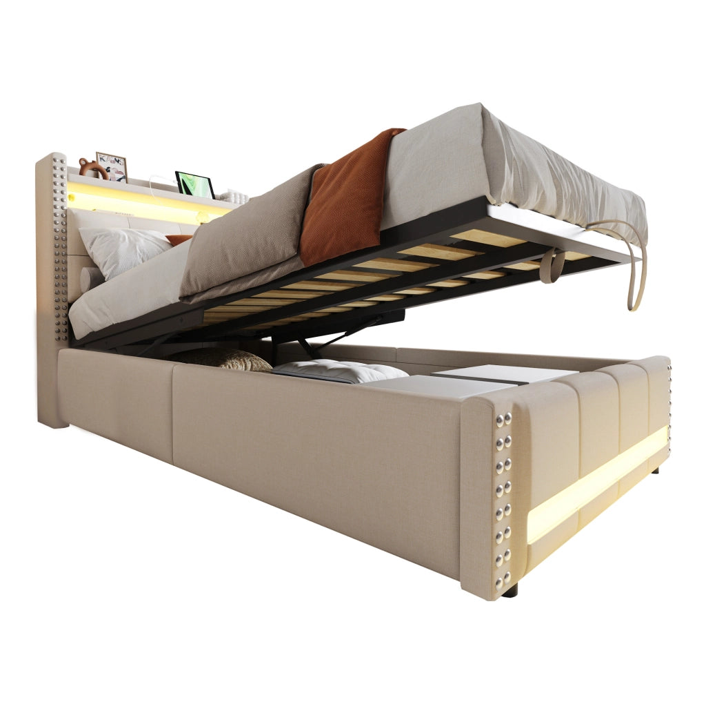 Letto imbottito 90x200 cm con LED; contenitore e porta USB in lino beige