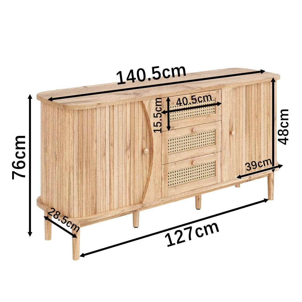 Credenza con 2 Ante Scorrevoli; 3 Cassetti in Rattan; Ripiani Regolabili; Piano Arrotondato; Stile Naturale; 140;5??40??76 cm