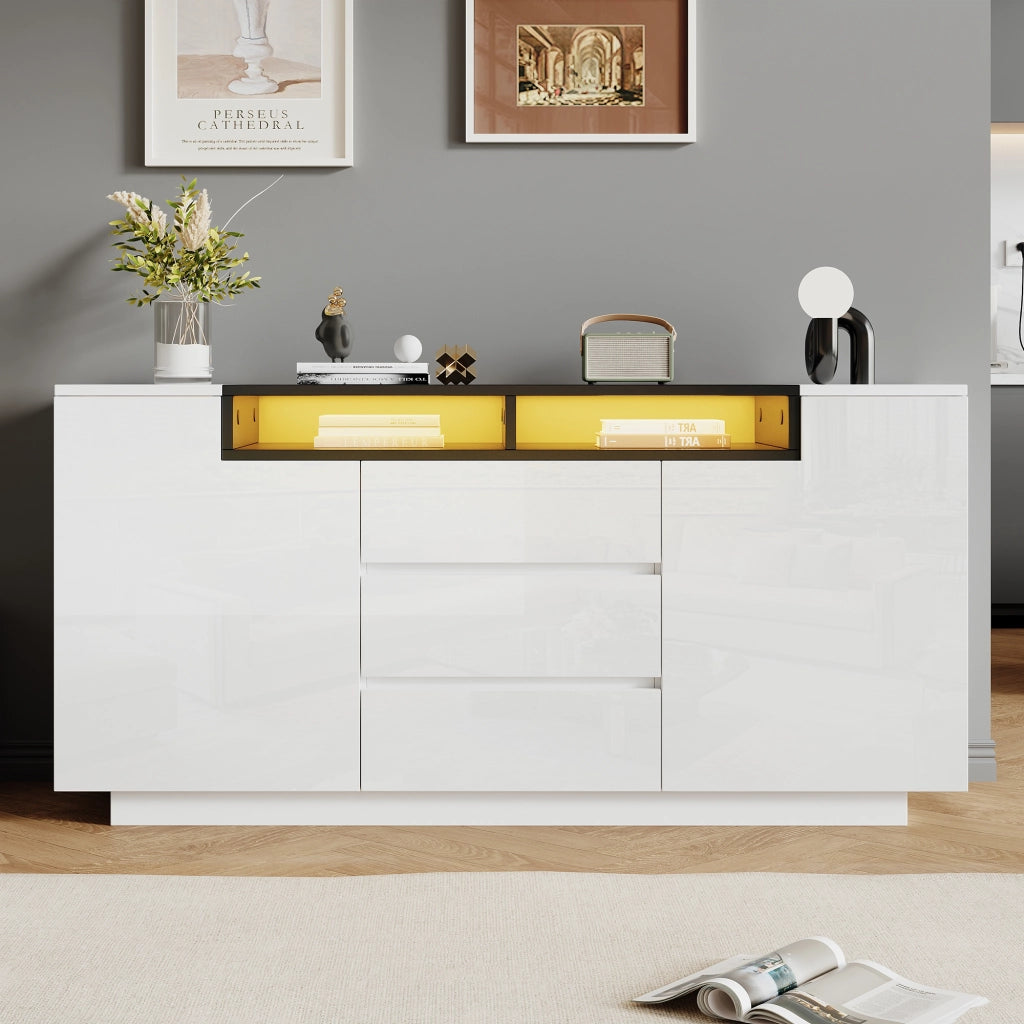 Credenza e madia con 2 ante, 3 cassetti, vani aperti e LED, per soggiorno, bianco e nero 140 × 40 × 68 cm